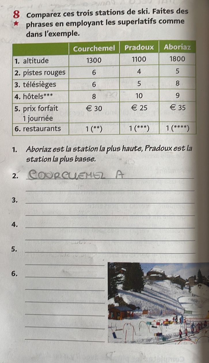 Comparez ces trois stations de ski. Faites des 
phrases en employant les superlatifs comme 
dans l'exemple. 
1. Aboriaz est la station la plus haute, Pradoux est la 
station la plus basse. 
2._ 
_ 
3._ 
_ 
4._ 
_ 
5._ 
_ 
6._ 
_ 
_ 
_ 
_ 
_