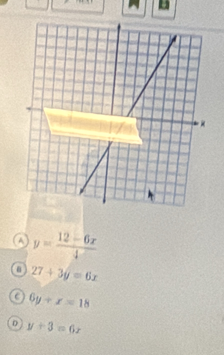 a y= (12-6x)/4 
27+3y=6x
C 6y+x=18
D y+3=6x