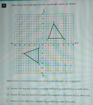 Alice drew two triangles on the coordinate plane as shown,
Which series of transformations proves the two triangles are congruent?
A) Rotate 180 degrees counterclockwise followed by a translation 2 units down.
0) Rotate 90 degrees counterclackwise followed by a reflection across the x-axis.
C) Reflect across the x-axis followed by a reflection over the y-axis.