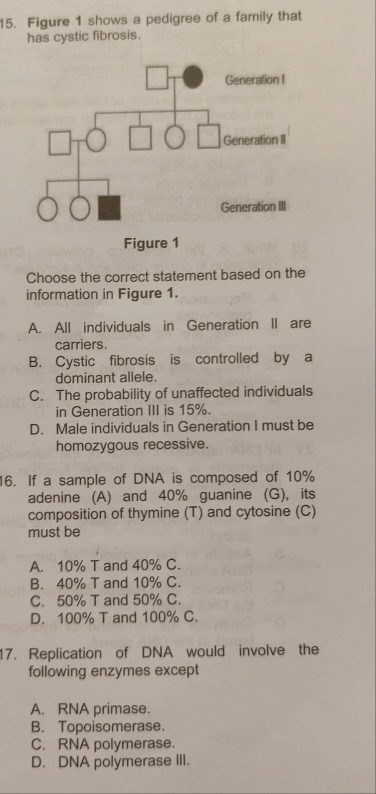 Figure 1 shows a pedigree of a family that
has cystic fibrosis.
Choose the correct statement based on the
information in Figure 1.
A. All individuals in Generation II are
carriers.
B. Cystic fibrosis is controlled by a
dominant allele.
C. The probability of unaffected individuals
in Generation III is 15%.
D. Male individuals in Generation I must be
homozygous recessive.
16. If a sample of DNA is composed of 10%
adenine (A) and 40% guanine (G), its
composition of thymine (T) and cytosine (C)
must be
A. 10% T and 40% C.
B. 40% T and 10% C.
C. 50% T and 50% C.
D. 100% T and 100% C.
17. Replication of DNA would involve the
following enzymes except
A. RNA primase.
B. Topoisomerase.
C. RNA polymerase.
D. DNA polymerase III.