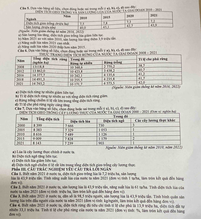 Dựa vào bảng số liệu, chọn đủng hoặc sai trong mỗi ý a), b), c), d) sau đây:
giai đoan 2010 - 2021
ống kê năm 2016, 2022)
a) Sản lượng lủa tăng, diện tích gieo trồng lúa giảm liên tục.
b) Năm 2021 so với năm 2010, sản lượng lủa tăng thêm 3,9 triệu tần.
c) Năng suất lúa năm 2021 cao nhất.
d) Năng suất lủa năm 2020 thấp hơn năm 2015.
Câu 6. Dựa vào bảng số liệu, chọn đùng hoặc sai trong mỗi ý a), b), c), d) sau đây:
a) Diện tích rừng tự nhiên giảm liện tục.
b) Tí lệ diện tích rừng tự nhiện so với tổng diện tích rừng giảm.
c) Rừng trồng chiếm tỉ lệ rất lớn trong tổng diện tích rừng.
d) Tỉ lệ che phủ rừng ngày cảng tăng.
Câu 7. Dựa vào bảng số liệu, chọn đúng hoặc sai trong mỗi ý a), b), c), d) sau đây:
DIỆN TÍCH GIUA NƯỚC TA GIAI ĐOAN 2000 - 2021 (Đơn vị: nghĩn ha)
a) Lúa là cây lương thực chính ở nước ta.
b) Diện tích ngô tăng liên tục.
c) Diện tích lúa giảm liên tục.
d) Diện tích ngô chiếm tỉ lệ rất lớn trong tổng diện tích gieo trồng cây lương thực.
Phần III. CÂU TRÁC NGHIỆM YÊU CÂU TRÁ LỜI NGÁN
Câu 1. Biết năm 2021 ở nước ta, diện tích gieo trông lúa là 7,2 triệu ha, sản lượng
lúa là 43,9 triệu tần. Tính năng suất lúa của nước ta năm 2021 (đơn vị tính 1 tạ/ha, làm tròn kết quả đến hàng
đơn vi).
Cầu 2. Biết năm 2021 ở nước ta, sản lượng lúa là 43,9 triệu tần, năng suất lúa là 61 tạ/ha. Tính diện tích lúa của
nước ta năm 2021 (đơn vị tính: triệu ha, làm tròn kết quả đến hàng đơn vị).
Câu 3. Biết năm 2021 ở nước ta, dân số là 98,5 triệu người, sản lượng lúa là 43,9 triệu tấn. Tính bình quân sản
lượng lúa trên đầu người của nước ta năm 2021 (đơn vị tính: kg/người, làm tròn kết quả đến hàng đơn vị).
Cầu 4. Biết năm 2021 ở nước ta, diện tích rừng đủ tiêu chí tính tỉ lệ che phủ là 13,9 triệu ha, diện tích đất tự
nhiên 33,1 triệu ha. Tính tỉ lệ che phủ rừng của nước ta năm 2021 (đơn vị tính: %, làm tròn kết quả đến hàng
đơn vj).