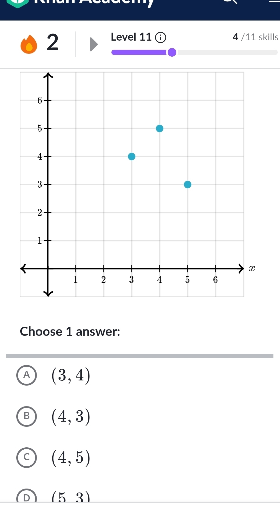 Level 11 (i 4 /11 skills
Choose 1 answer:
A (3,4)
B (4,3)
(4,5)
D (53)