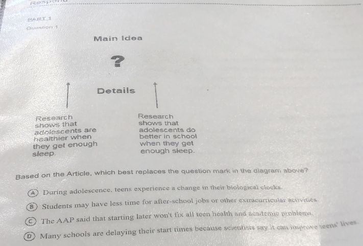 PA8X1
Question 1
Main Idea
?
Details
Research
Research
shows that shows that
adolescents are adolescents do
healthier when better in school
they get enough when they get
sleep. enough sleep.
Based on the Article, which best replaces the question mark in the diagram above?
A During adolescence, teens experience a change in their biological clocks.
) Students may have less time for after-school jobs or other extracurricular acuvities
c) The AAP said that starting later won't fix all teen health and academic problems.
D) Many schools are delaying their start times because scientists say it can improve teens' lives