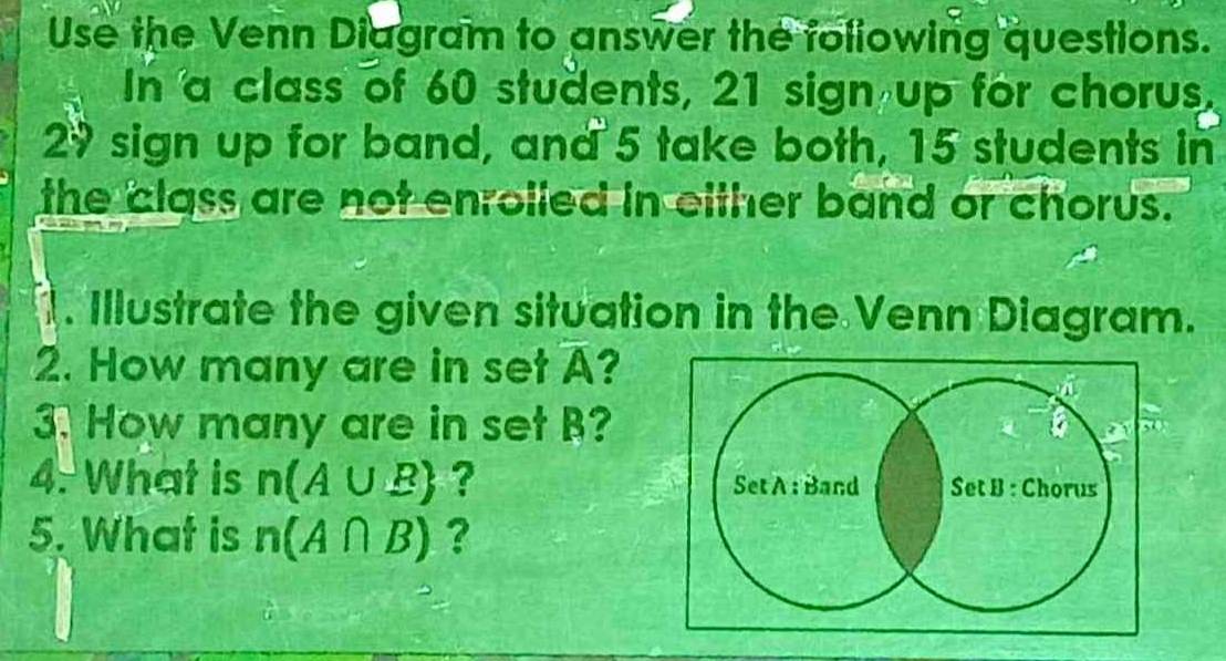 Use the Venn Diagram to answer the following questions. 
In a class of 60 students, 21 sign up for chorus.
29 sign up for band, and 5 take both, 15 students in 
the class are not enrolled in either band or chorus. 
. Illustrate the given situation in the Venn Diagram. 
2. How many are in set A? 
3. How many are in set B? 
4. What is n(A∪ B) ? 
5. What is n(A∩ B) ?