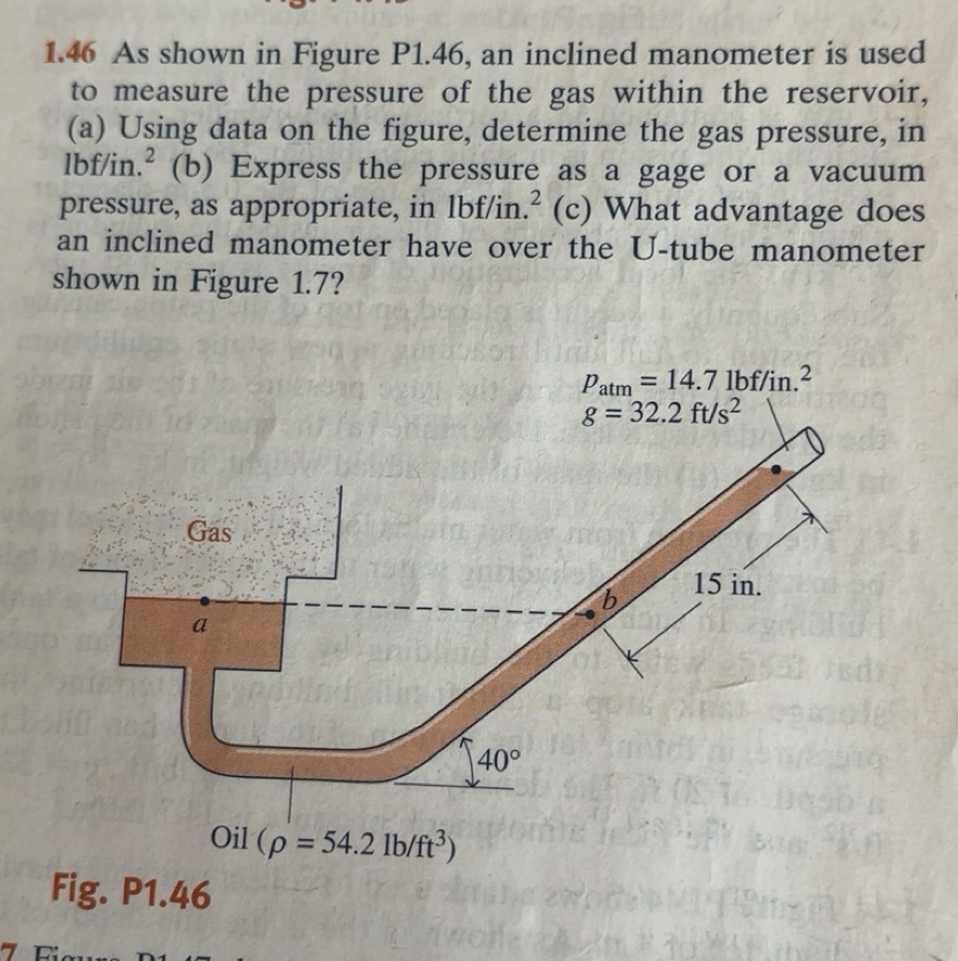 Solved: 1.46 As shown in Figure P1.46, an inclined manometer is used to ...