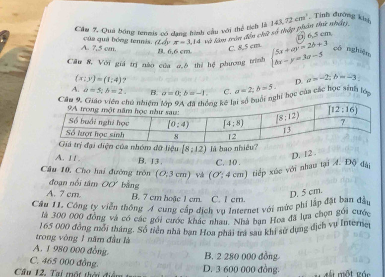 Cầu 7. Quả bóng tennis có dạng hình cầu với thể tích là 143,72cm^3. Tính đường kính
của quả bóng tennis. (Lấy π =3,14 và làm tròn đến chữ số thập phân thứ nhất),
A. 7,5 cm. B. 6,6 cm.
C. 8,5 cm. D 6,5 cm.
Cầu 8, Với giá trị nào của a,6 thì hệ phương trình beginarrayl 5x+ay=2b+3 bx-y=3a-5endarray. có nghiệm
(x;y)=(1;4) ?
D. a=-2;b=-3
A. a=5;b=2. B. a=0;b=-1. C. a=2;b=5.
hỉ học của các học sinh lớp
nhóm dữ liệu [8;12) là bao nhiê
D. 12 .
A. 11. B. 13 . C. 10 .
Câu 10. Cho hai đường tròn (O;3cm) và (O';4cm ) tiếp xúc với nhau tại A. Độ dài
đoạn nổi tâm 00 bằng
A. 7 cm. B. 7 cm hoặc 1 cm. C. 1 cm.
D. 5 cm.
Câu 11. Công ty viễn thông A cung cấp dịch vụ Internet với mức phí lắp đặt ban đầu
là 300 000 đồng và có các gói cước khác nhau. Nhà bạn Hoa đã lựa chọn gói cước
165 000 đồng mỗi tháng. Số tiền nhà bạn Hoa phải trả sau khí sử dụng dịch vụ Internet
trong vòng 1 năm đầu là
A. 1 980 000 đồng.
B. 2 280 000 đồng
C. 465 000 đồng.
D. 3 600 000 đồng.
Câu 12. Tại một thời điề Mất một góc
