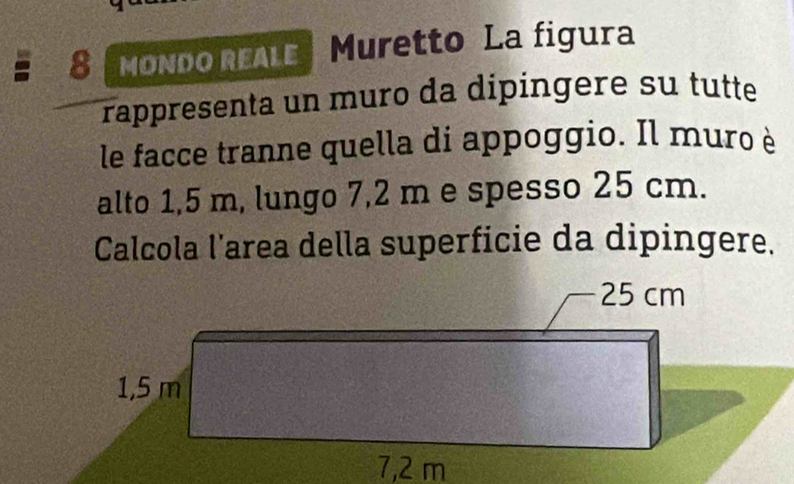 mondo reale Muretto La figura 
rappresenta un muro da dipingere su tutte 
le facce tranne quella di appoggio. Il muro è 
alto 1,5 m, lungo 7,2 m e spesso 25 cm. 
Calcola l'area della superficie da dipingere.