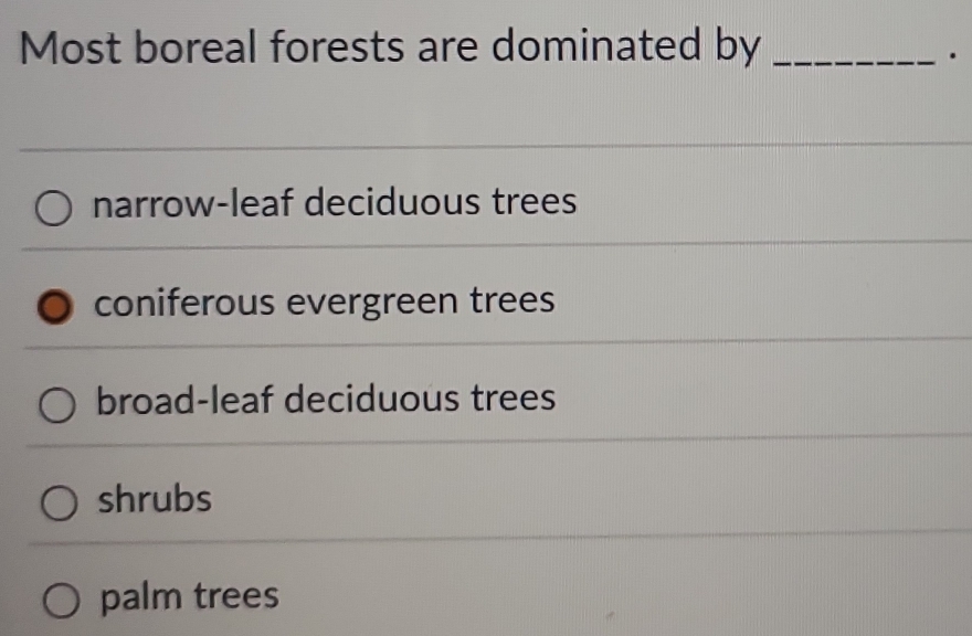 Most boreal forests are dominated by_
.
narrow-leaf deciduous trees
coniferous evergreen trees
broad-leaf deciduous trees
shrubs
palm trees