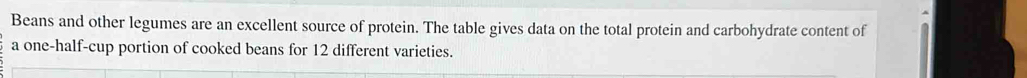 Beans and other legumes are an excellent source of protein. The table gives data on the total protein and carbohydrate content of 
a one-half-cup portion of cooked beans for 12 different varieties.