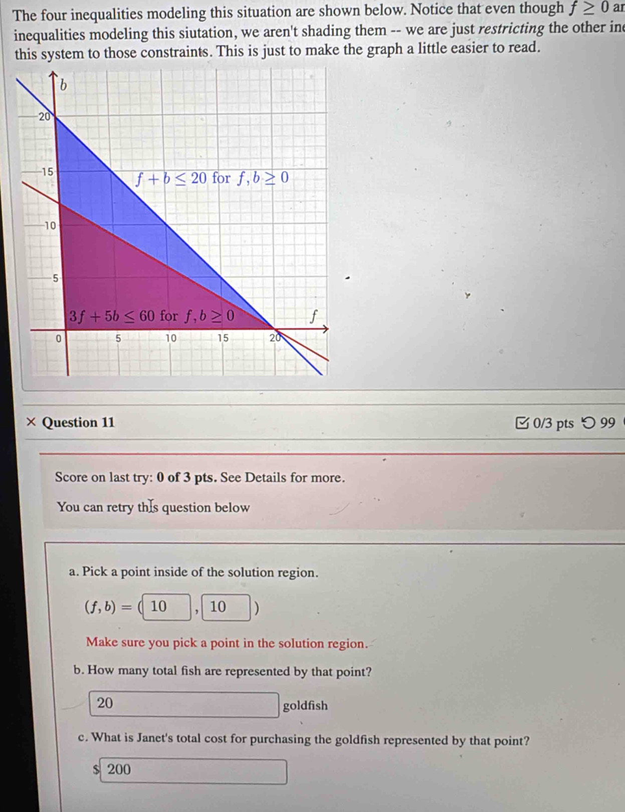 The four inequalities modeling this situation are shown below. Notice that even though f≥ 0 ar
inequalities modeling this siutation, we aren't shading them -- we are just restricting the other ine
this system to those constraints. This is just to make the graph a little easier to read.
× Question 11 □ 0/3 pts つ 99
Score on last try: 0 of 3 pts. See Details for more.
You can retry this question below
a. Pick a point inside of the solution region.
(f,b)=(1 0 , 10 )
Make sure you pick a point in the solution region.
b. How many total fish are represented by that point?
20 goldfish
c. What is Janet's total cost for purchasing the goldfish represented by that point?
$ 200