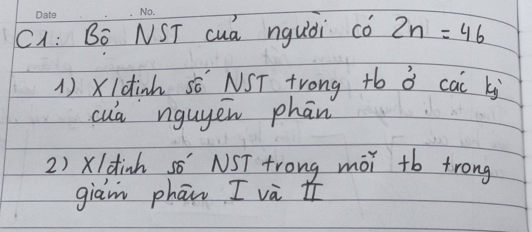 C1: Bō NST cuá nquài có 2n=46
1)Xidinh sǒ NST trong +b ǒ cai ki 
cua nguyen phān 
2) xldinh só' NST trong mài +b trong 
giam phān I và tí