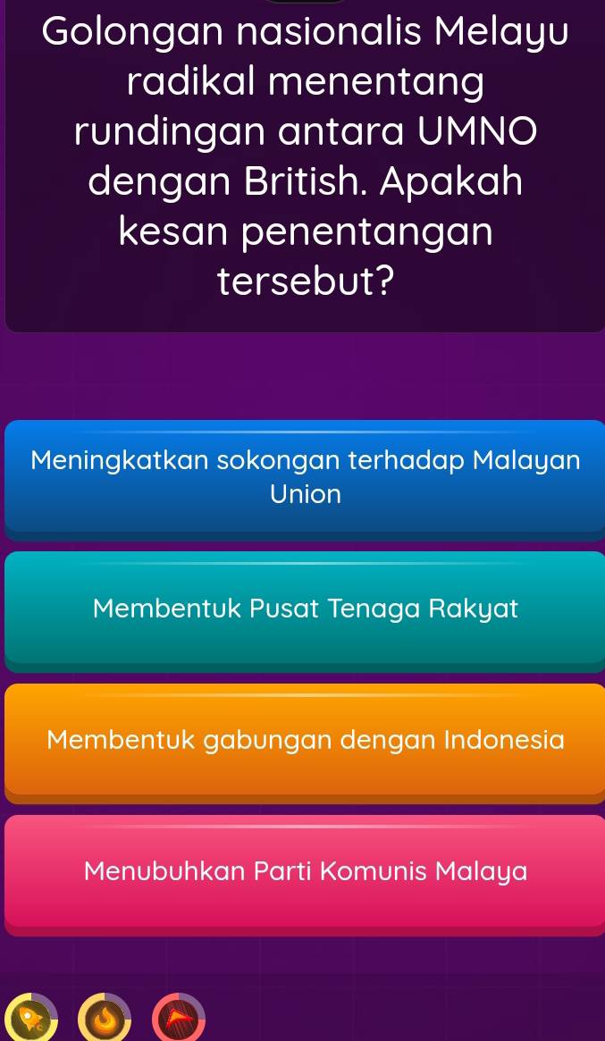 Golongan nasionalis Melayu
radikal menentang
rundingan antara UMNO
dengan British. Apakah
kesan penentangan
tersebut?
Meningkatkan sokongan terhadap Malayan
Union
Membentuk Pusat Tenaga Rakyat
Membentuk gabungan dengan Indonesia
Menubuhkan Parti Komunis Malaya