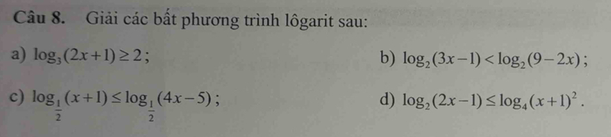 Giải các bất phương trình lôgarit sau: 
a) log _3(2x+1)≥ 2 b) log _2(3x-1) ; 
c) log _ 1/2 (x+1)≤ log _ 1/2 (4x-5); 
d) log _2(2x-1)≤ log _4(x+1)^2.