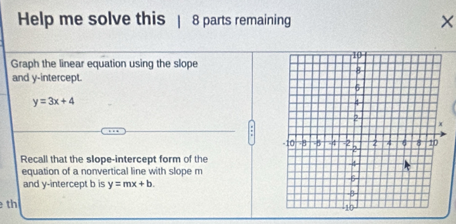 Help me solve this 8 parts remaining ×
Graph the linear equation using the slope
and y-intercept.
y=3x+4
:
Recall that the slope-intercept form of the
equation of a nonvertical line with slope m
and y-intercept b is y=mx+b. 
th