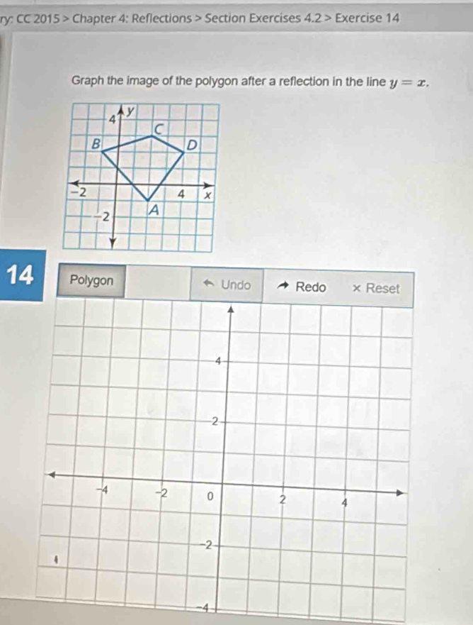 ry: CC 2015 > Chapter 4: Reflections > Section Exercises 4.2 > Exercise 14 
Graph the image of the polygon after a reflection in the line y=x. 
14 Polygon 
Undo Redo × R