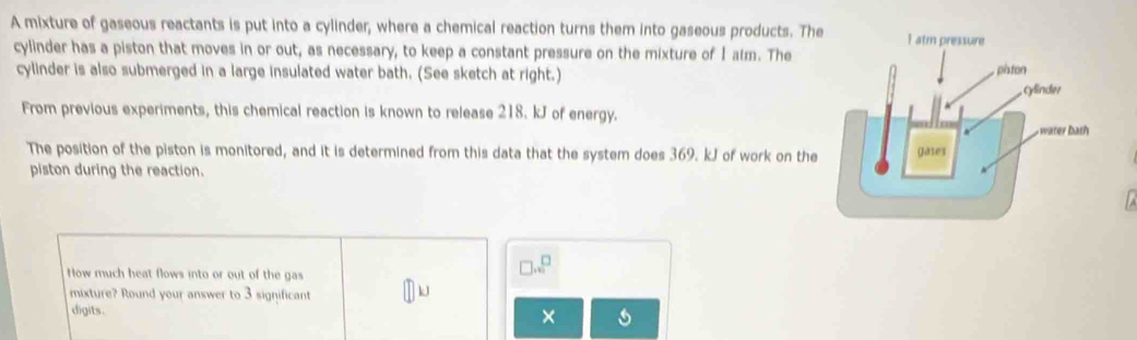 A mixture of gaseous reactants is put into a cylinder, where a chemical reaction turns them into gaseous products. The 
cylinder has a piston that moves in or out, as necessary, to keep a constant pressure on the mixture of I alm. The 
cylinder is also submerged in a large insulated water bath. (See sketch at right.) 
From previous experiments, this chemical reaction is known to release 218. kJ of energy. 
The position of the piston is monitored, and it is determined from this data that the system does 369. kJ of work on the 
piston during the reaction. 
How much heat flows into or out of the gas
□ .x^□ □ 
mixture? Round your answer to 3 significant 
digits. × s