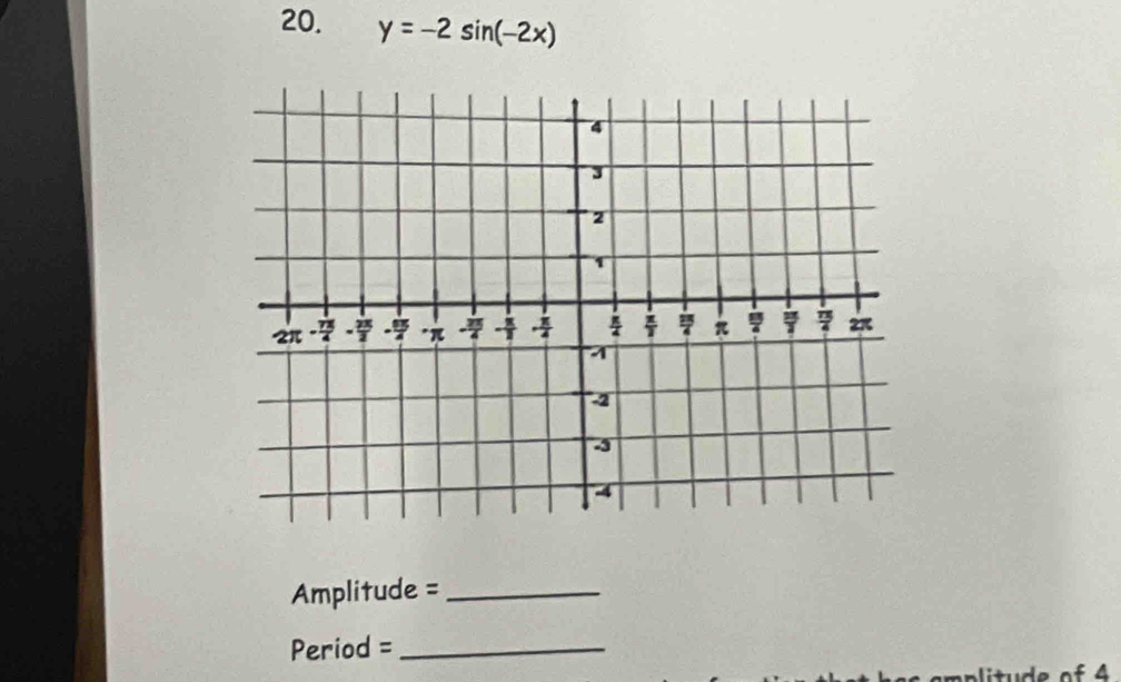 y=-2sin (-2x)
Amplitude = _
Period = _