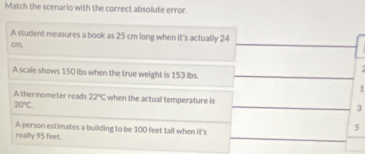 Match the scenario with the correct absolute error.
A student measures a book as 25 cm long when it's actually 24
cm.

A scale shows 150 Ibs when the true weight is 153 Ibs.
1
A thermometer reads 22°C when the actual temperature is 3
20°C
A person estimates a building to be 100 feet tall when it's
5
really 95 feet.