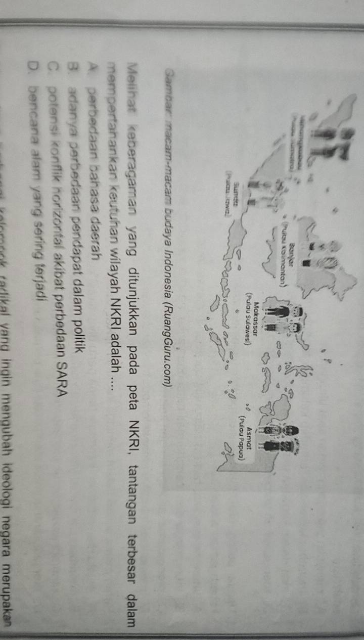 Gambar: macam-macam budaya Indonesia (RuangGuru.com)
Melihat keceragaman yang ditunjukkan pada peta NKRI, tantangan terbesar dalam
mempertanankan keutuhan wilayah NKRI adalah ....
A. perbedaan bahasa daerah
B. adanya perbedaan pendapat dalam politik
C. potensi konflik horizontal akibat perbedaan SARA
D. bencana alam yang sering terjadi
or n o radikal vang ingin mengubah ideologi negara merupaka