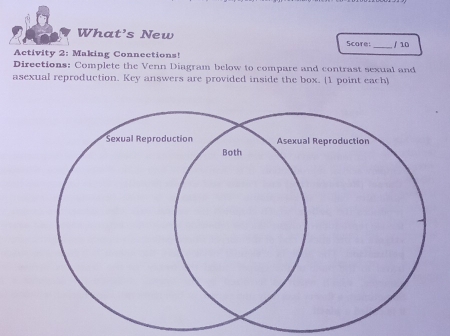 What’s New 
Scare 
Activity 2: Making Connections! _ / 10 
Directions: Complete the Venn Diagram below to compare and contrast sexual and 
asexual reproduction. Key answers are provided inside the box. (1 point each)