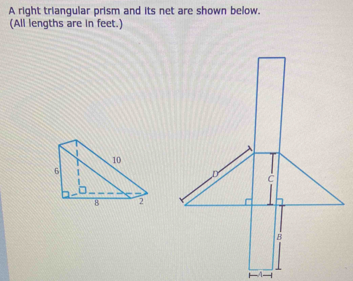 A right triangular prism and its net are shown below. 
(All lengths are in feet.)