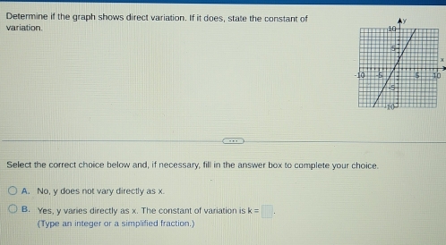 Determine if the graph shows direct variation. If it does, state the constant of
variation
x
0
Select the correct choice below and, if necessary, fill in the answer box to complete your choice.
A. No, y does not vary directly as x.
B. Yes, y varies directly as x. The constant of variation is k=□. 
(Type an integer or a simplified fraction.)