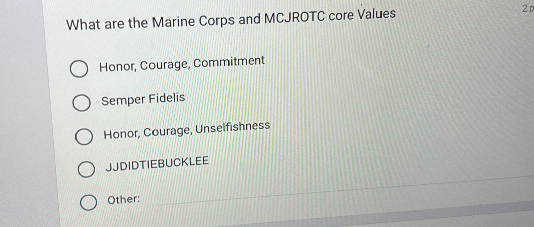 What are the Marine Corps and MCJROTC core Values 2 p
Honor, Courage, Commitment
Semper Fidelis
Honor, Courage, Unselfishness
JJDIDTIEBUCKLEE
Other:
_