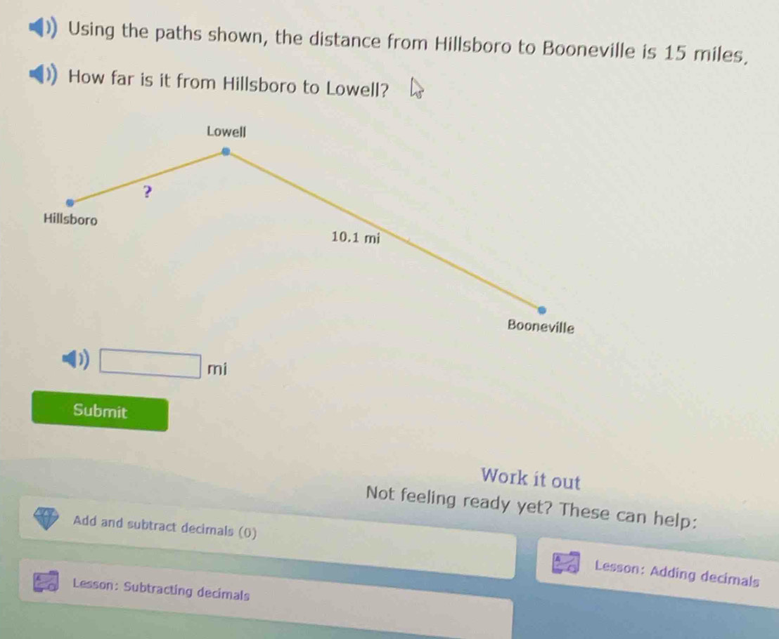 Using the paths shown, the distance from Hillsboro to Booneville is 15 miles.
How far is it from Hillsboro to Lowell?
D □ mi
Submit
Work it out
Not feeling ready yet? These can help:
Add and subtract decimals (0)
Lesson: Adding decimals
Lesson: Subtracting decimals