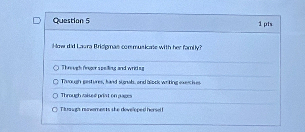 How did Laura Bridgman communicate with her family?
Through finger spelling and writing
Through gestures, hand signals, and block writing exercises
Through raised print on pages
Through movements she developed herself