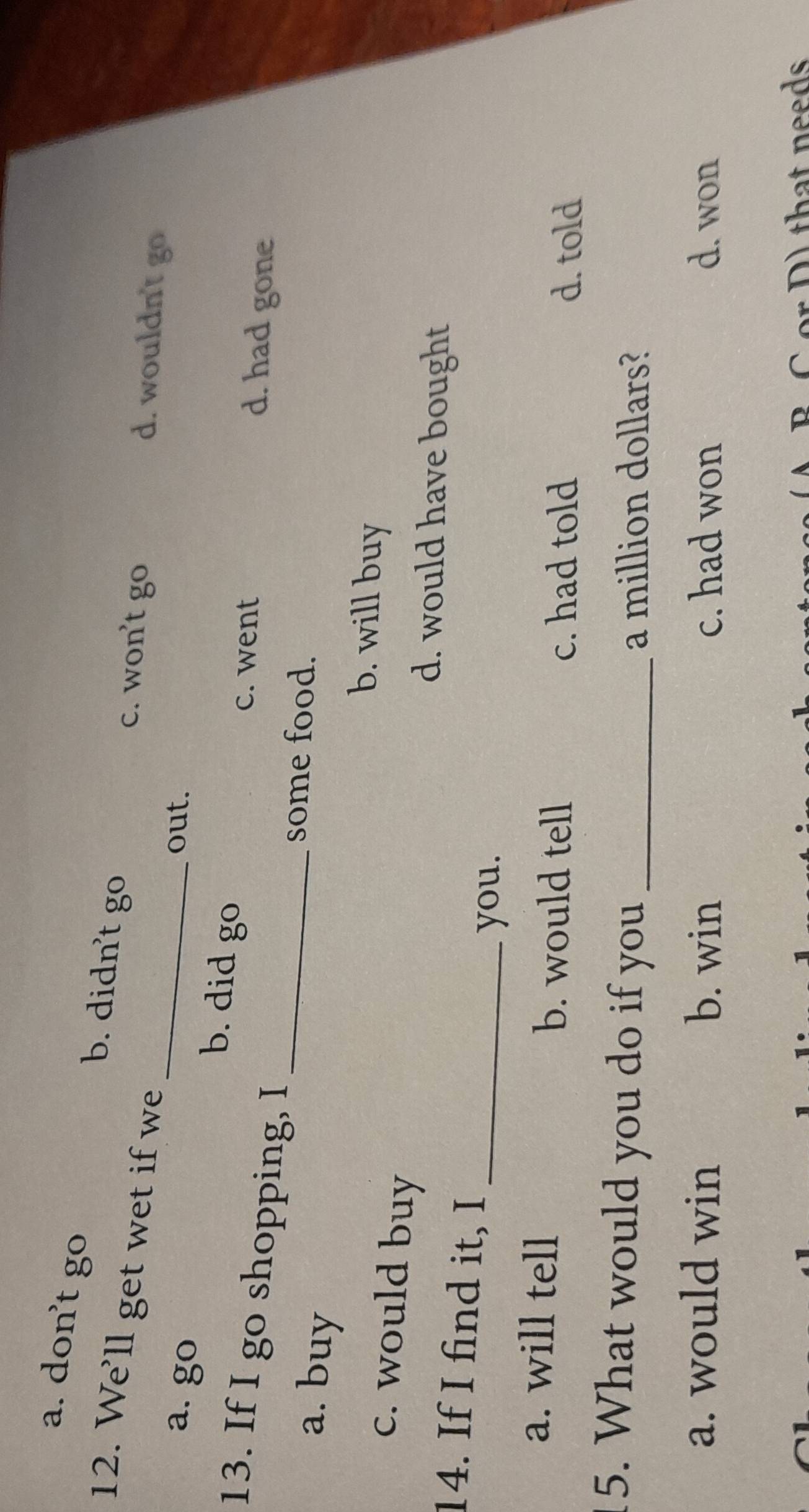 a. don’t go b. didn’t go
_
12. We’ll get wet if we
c. won't go d. wouldn't go
out.
a. go b. did go
13. If I go shopping, I
c. went d. had gone
a. buy
_some food.
b. will buy
c. would buy
d. would have bought
14. If I find it, I
_you.
a. will tell b. would tell
c. had told d. told
15. What would you do if you _a million dollars?
a. would win b. win c. had won d. won
( A B C or D) that needs