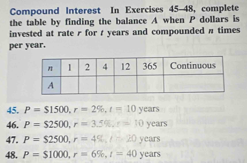 Compound Interest In Exercises 45-48, complete 
the table by finding the balance A when P dollars is 
invested at rate r for t years and compounded n times 
per year. 
45. P=$1500, r=2% , t=10 y 288 S 
46. P=$2500, r=3.5% , z=10years
47. P=$2500, r=4% , t=20ye ars 
48. P=$1000, r=6% , t=40year