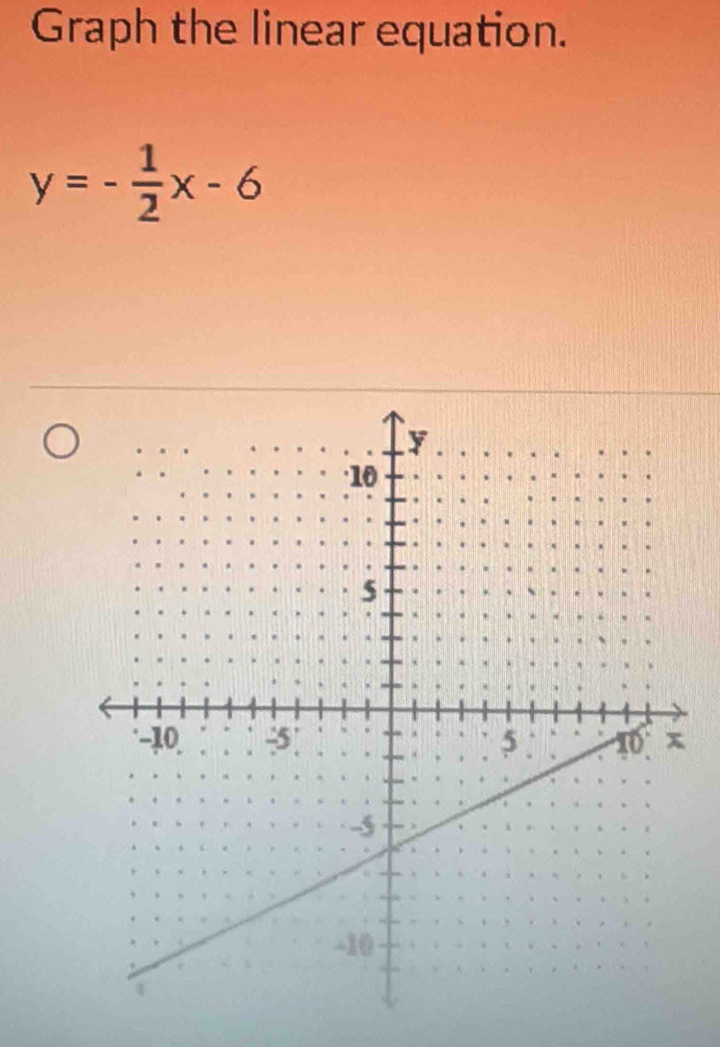 Graph the linear equation.
y=- 1/2 x-6