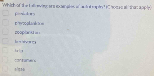 Which of the following are examples of autotrophs? (Choose all that apply)
predators
phytoplankton
zooplankton
herbivores
kelp
consumers
algae