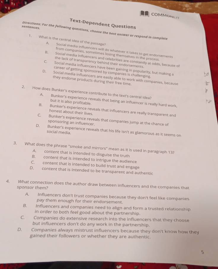 Solved: COMMONLIT Text-Dependent Questions sentences Directions: For ...