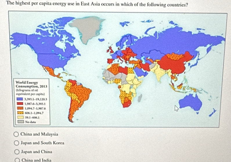 The highest per capita energy use in East Asia occurs in which of the following countries?
China and Malaysia
Japan and South Korea
Japan and China
China and India