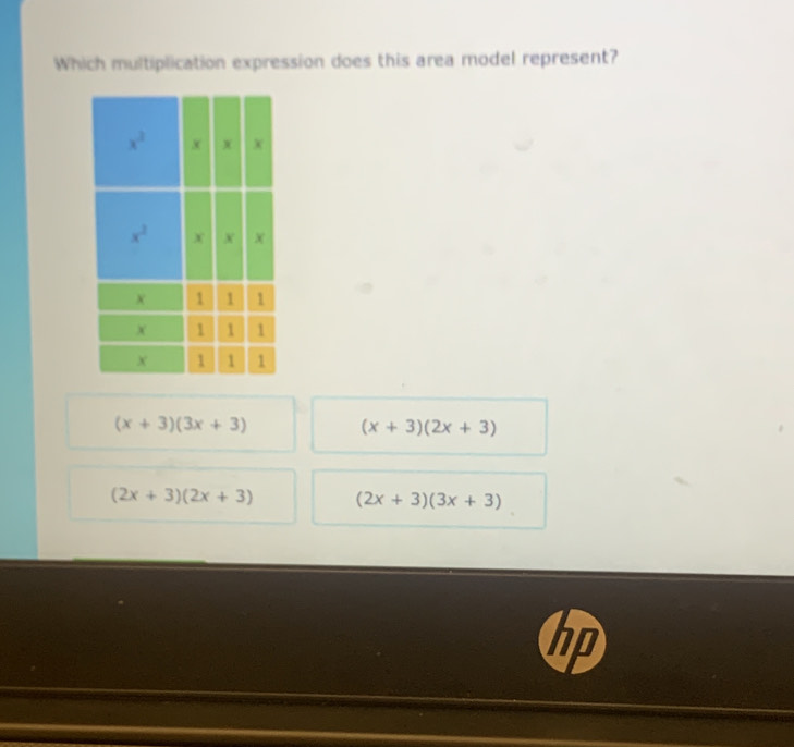 Which multiplication expression does this area model represent?
(x+3)(3x+3)
(x+3)(2x+3)
(2x+3)(2x+3) (2x+3)(3x+3)
hp