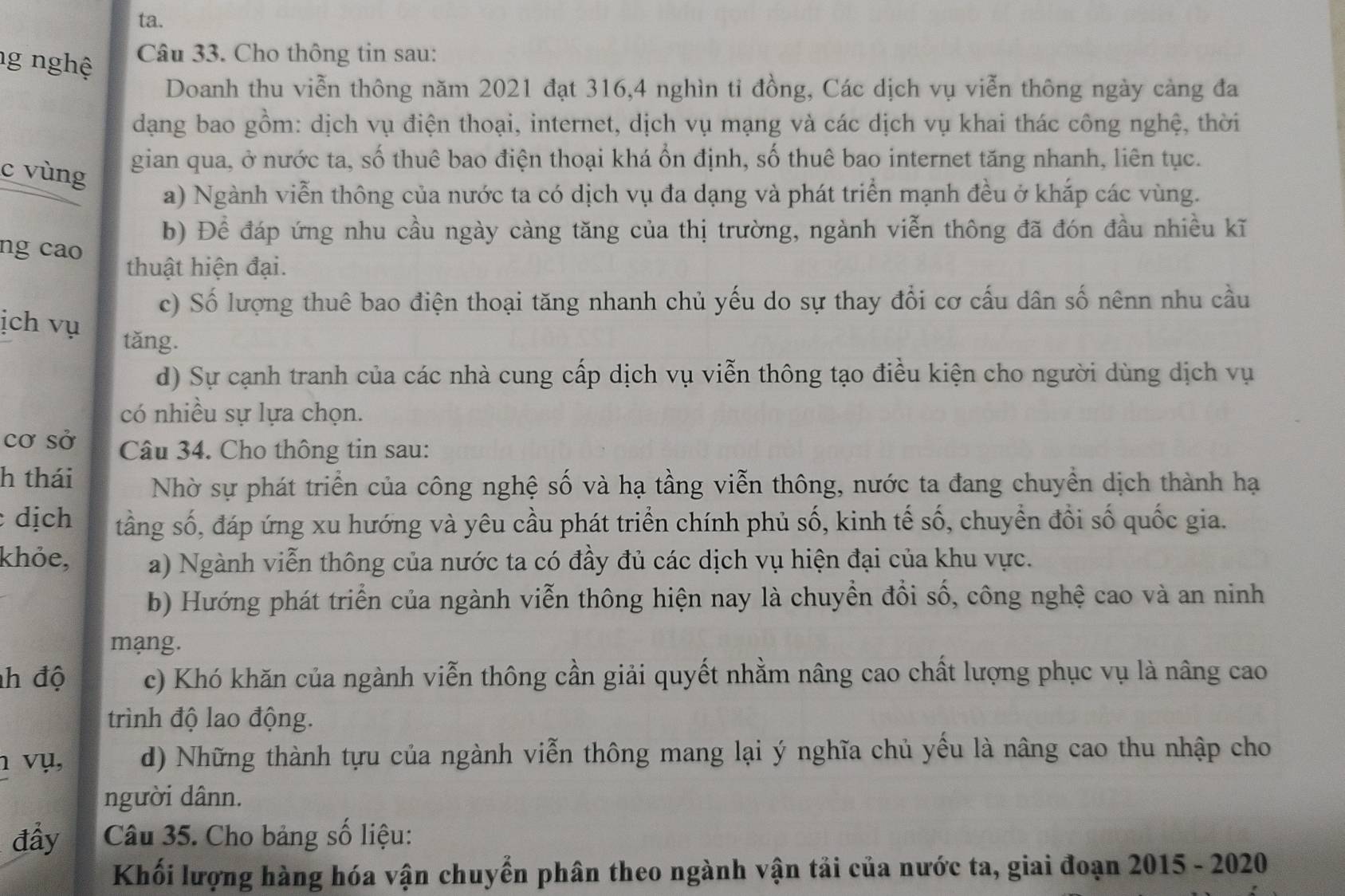 ta.
ng nghệ Câu 33. Cho thông tin sau:
Doanh thu viễn thông năm 2021 đạt 316,4 nghìn tỉ đồng, Các dịch vụ viễn thông ngày cảng đa
dạng bao gồm: dịch vụ điện thoại, internet, dịch vụ mạng và các dịch vụ khai thác công nghệ, thời
c vùng
gian qua, ở nước ta, số thuê bao điện thoại khá ổn định, số thuê bao internet tăng nhanh, liên tục.
a) Ngành viễn thông của nước ta có dịch vụ đa dạng và phát triển mạnh đều ở khắp các vùng.
b) Để đáp ứng nhu cầu ngày càng tăng của thị trường, ngành viễn thông đã đón đầu nhiều kĩ
ng cao
thuật hiện đại.
c) Số lượng thuê bao điện thoại tăng nhanh chủ yếu do sự thay đổi cơ cấu dân số nênn nhu cầu
ịch vụ
tǎng.
d) Sự cạnh tranh của các nhà cung cấp dịch vụ viễn thông tạo điều kiện cho người dùng dịch vụ
có nhiều sự lựa chọn.
cơ sở Câu 34. Cho thông tin sau:
h thái Nhờ sự phát triển của công nghệ số và hạ tầng viễn thông, nước ta đang chuyền dịch thành hạ
dịch tằng số, đáp ứng xu hướng và yêu cầu phát triển chính phủ số, kinh tế số, chuyển đồi số quốc gia.
khỏe, a) Ngành viễn thông của nước ta có đầy đủ các dịch vụ hiện đại của khu vực.
b) Hướng phát triển của ngành viễn thông hiện nay là chuyền đổi số, công nghệ cao và an ninh
mạng.
h độ c) Khó khăn của ngành viễn thông cần giải quyết nhằm nâng cao chất lượng phục vụ là nâng cao
trình độ lao động.
1 vụ, d) Những thành tựu của ngành viễn thông mang lại ý nghĩa chủ yếu là nâng cao thu nhập cho
người dânn.
đầy  Câu 35. Cho bảng số liệu:
Khối lượng hàng hóa vận chuyển phân theo ngành vận tải của nước ta, giai đoạn 2015 - 2020