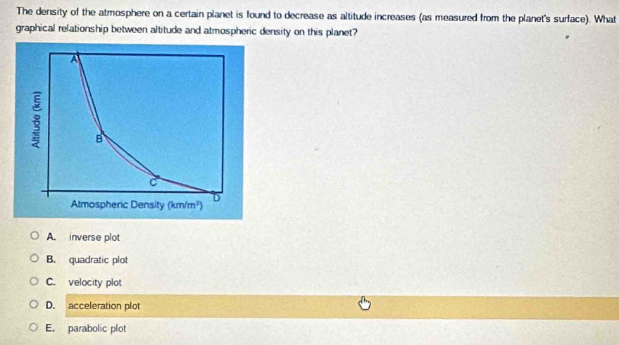 The density of the atmosphere on a certain planet is found to decrease as altitude increases (as measured from the planet's surface). What
graphical relationship between altitude and atmospheric density on this planet?
A. inverse plot
B. quadratic plot
C. velocity plot
D. acceleration plot
E. parabolic plot