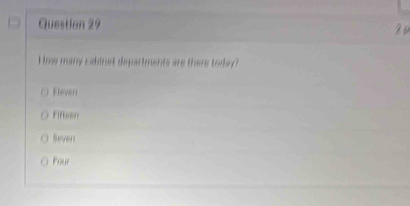 2p
How many cabinst departments are there today?
Eleven
Fiftren
Seven
Four