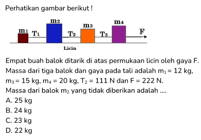 Perhatikan gambar berikut !
Empat buah balok ditarik di atas permukaan licin oleh gaya F.
Massa dari tiga balok dan gaya pada tali adalah m_1=12kg,
m_3=15kg,m_4=20kg,T_2=111N dan F=222N.
Massa dari balok m_2 yang tidak diberikan adalah ....
A. 25 kg
B. 24 kg
C. 23 kg
D. 22 kg