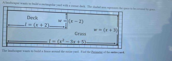 A landscaper wants to build a rectangular yard with a corner deck. The shaded area represents the space to be covered by grass. 
Deck w=(x-2)
_ l=(x+2) _
w=(x+3)
Grass 
__ l=(x^2-3x+5)
The landscaper wants to build a fence around the entire yard. Find the Perimeter of the entire yard.