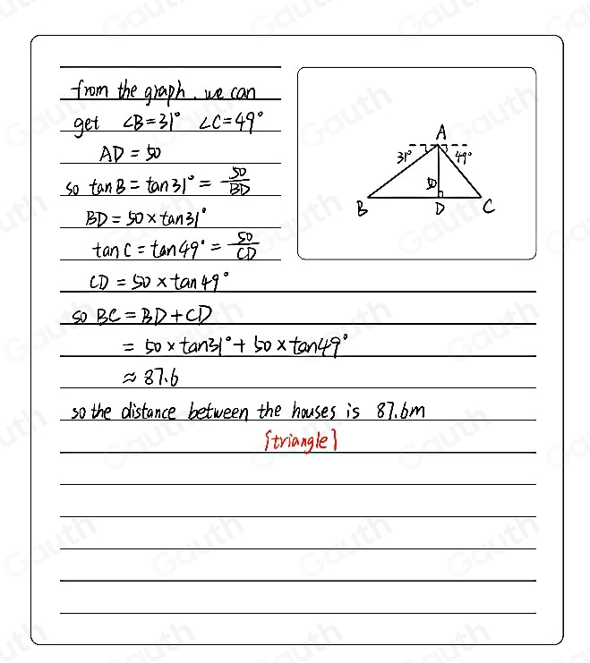 Solved: An observer at the top of a 50m tower notes that the angle of ...