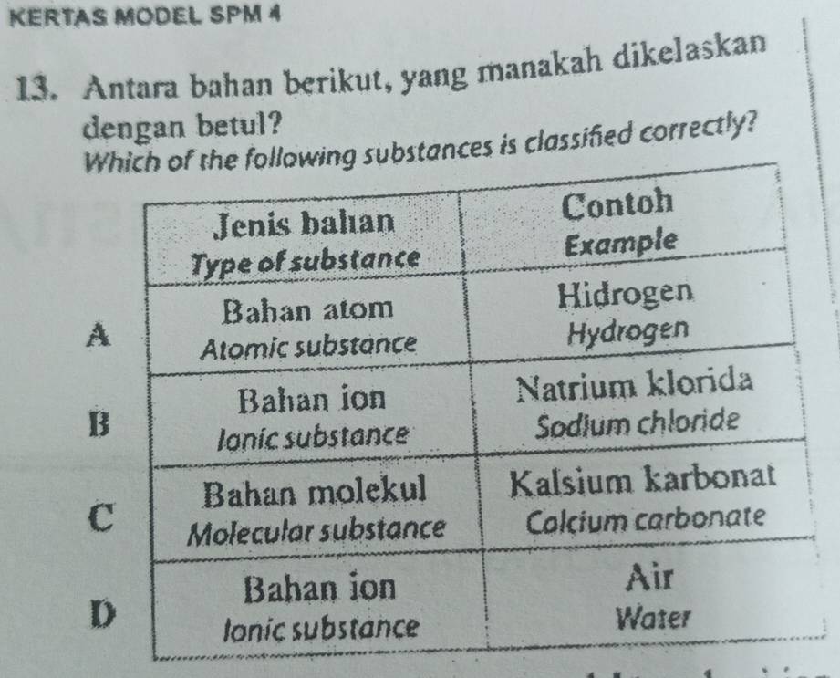 KERTAS MODEL SPM 4 
13. Antara bahan berikut, yang manakah dikelaskan 
dengan betul? 
tances is classified correctly?