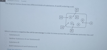 tiple Chorpe 1pa
The diagram below shows two different kinds of substances. A and B, entering a cell,
Which suinitance requires the cell to use energy in order to move across the call membrane and enter the cel?
Substance A
Neither Substance A nor Substance B
Substance
Bolh Substance A and Substance B