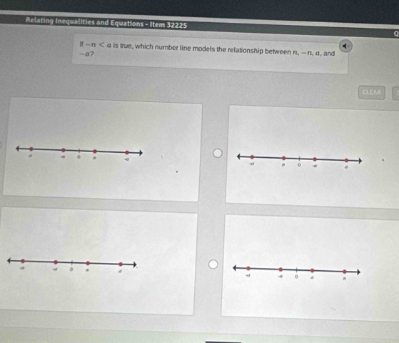 Relating Inequalities and Equations - Item 32225 Q
if-n is true, which number line models the relationship between n, —n, α, and
-a? 
CLEAN