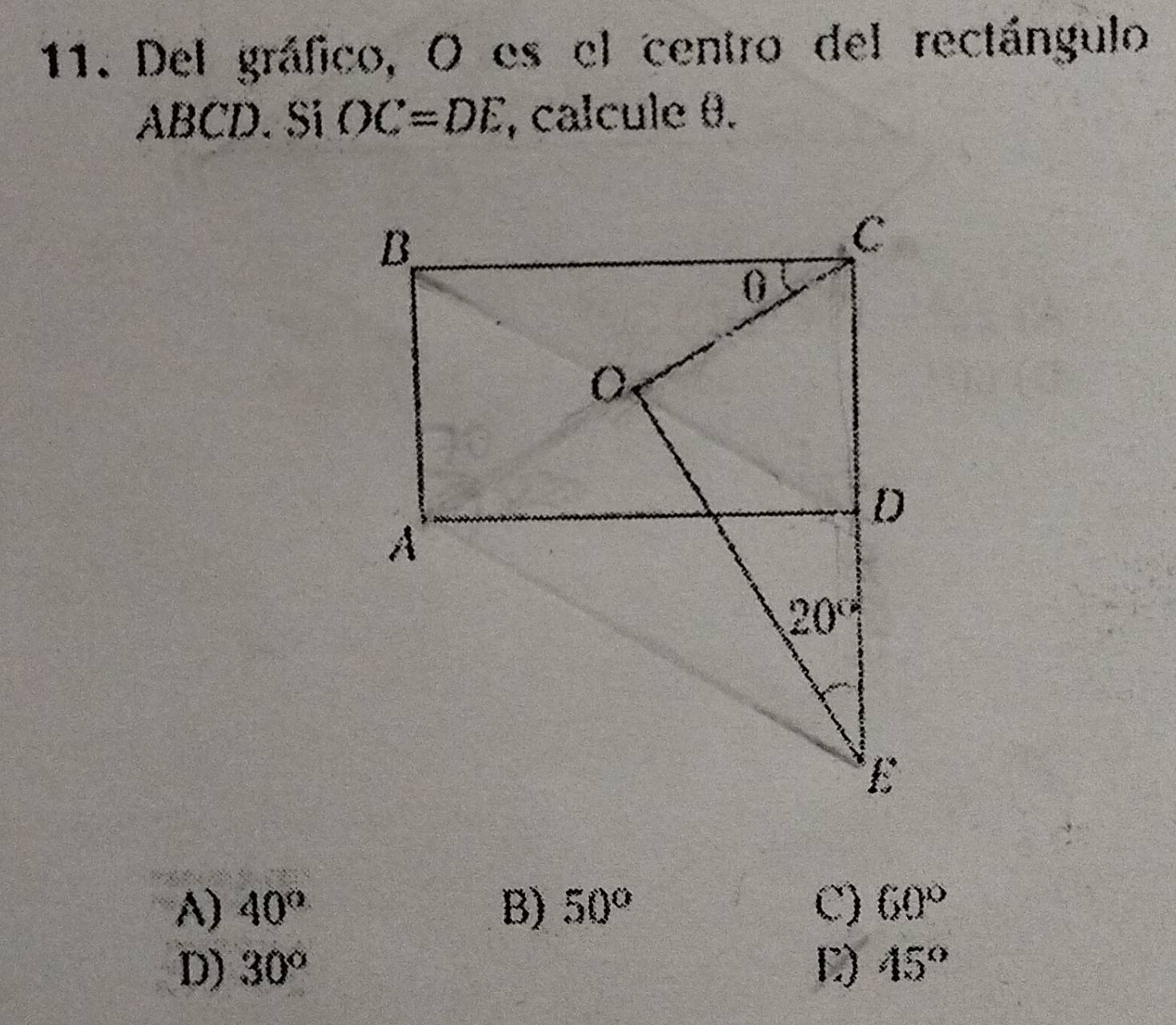 Del gráfico, O es el centro del rectángulo
ABCD. SiOC=DE , calcule θ.
A) 40° B) 50° C) 60°
D) 30° E) 45°