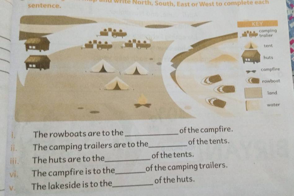 and write North, South, East or West to complete each 
sentence. 
KEY 
camping 
tralier 
tent 
huts 
campfire 
rowboat 
land 
water 
i、 The rowboats are to the _of the campfire. 
ii. The camping trailers are to the_ of the tents. 
iii. The huts are to the_ of the tents. 
vi. The campfire is to the_ of the camping trailers. 
V. The lakeside is to the_ of the huts.