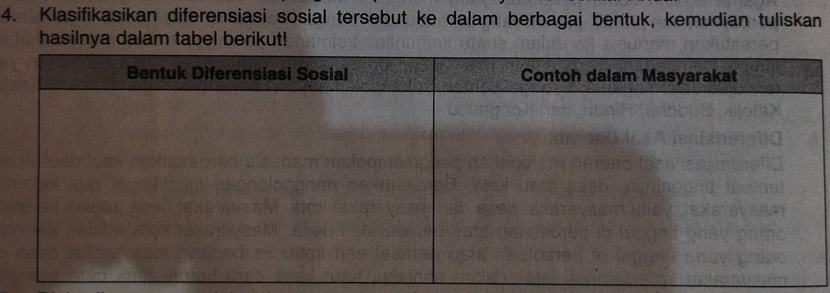 Klasifikasikan diferensiasi sosial tersebut ke dalam berbagai bentuk, kemudian tuliskan 
hasilnya dalam tabel berikut!