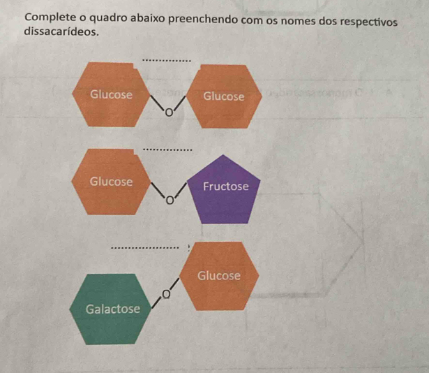 Complete o quadro abaixo preenchendo com os nomes dos respectivos 
dissacarídeos. 
Glucose Glucose 
O 
Glucose Fructose 
O 
Glucose 
Galactose