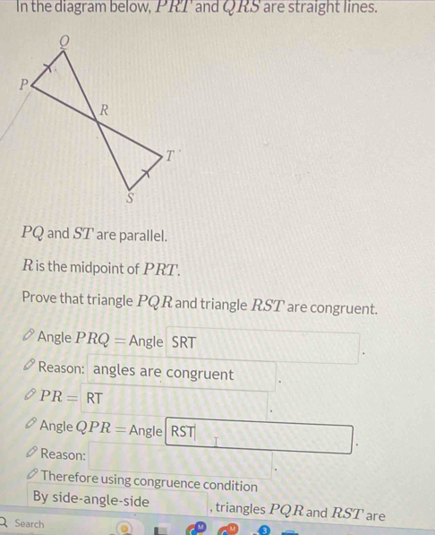 Solved: In the diagram below, PRT ' and QRS are straight lines. PQ and ...